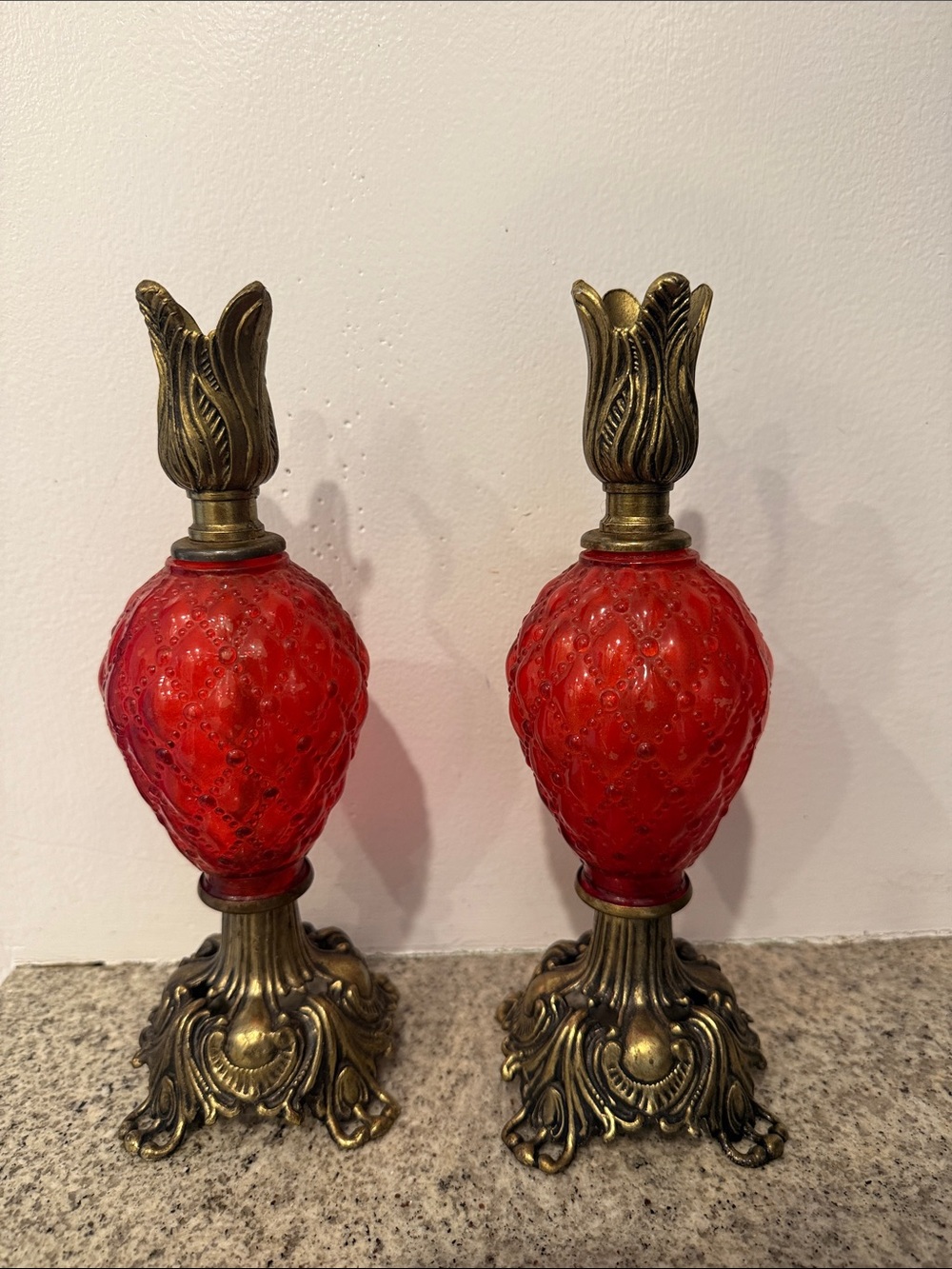 Red Glass Accent Candle Holders with Ornate Brass Bases